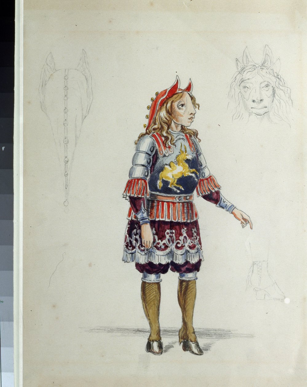 Desenho de trajes para o Ballet The Little Humpbacked Horse de C. Pugni (1802-1870). O pequeno cavalo. Trabalho de Franz Iosifovich Nordmark, lápis e aguarela sobre papel de Franz Iosifovich Nordmark
