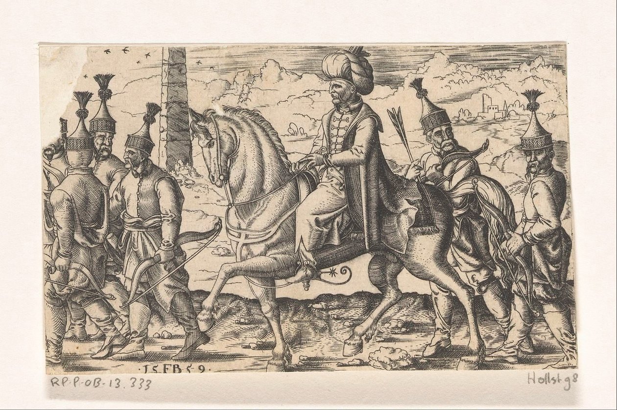 Sultão a cavalo acompanhado por soldados de Franz Isaac Brun