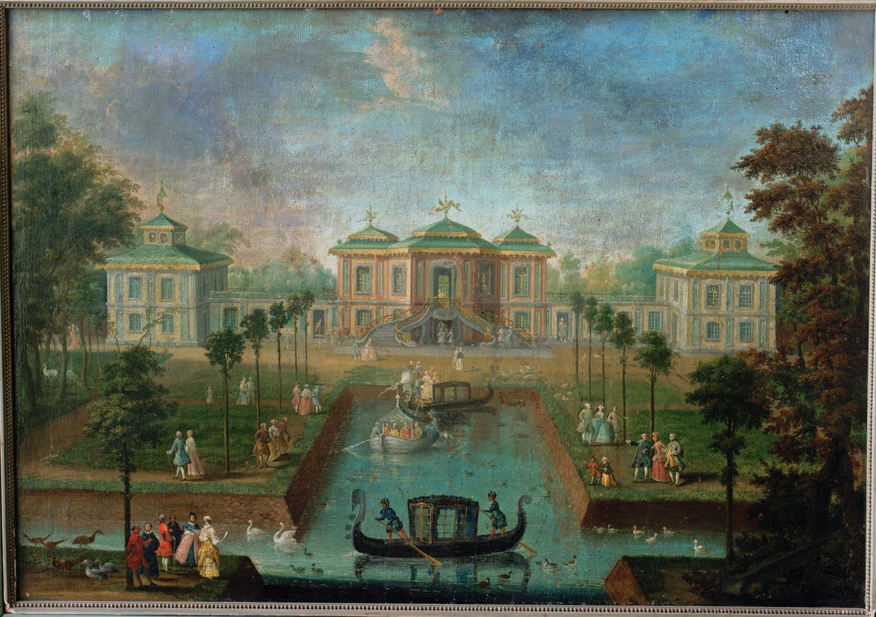 A vida de corte no parque do Palácio de Augustusburg em torno da Casa da Índia, vista do leste ... de Franz Jakob Rousseau