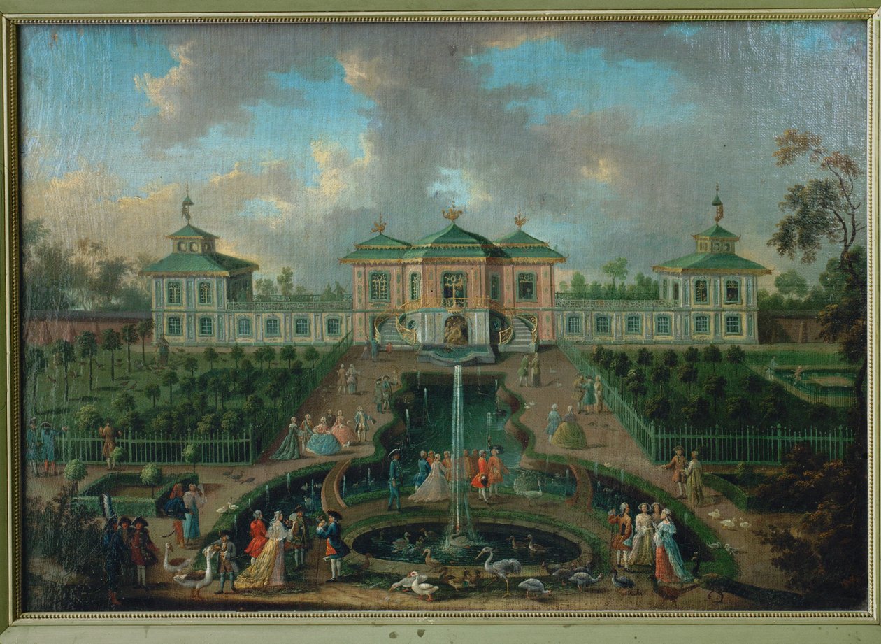 A vida de corte no parque do Palácio de Augustusburg em torno da Casa da Índia, vista do oeste ... de Franz Jakob Rousseau