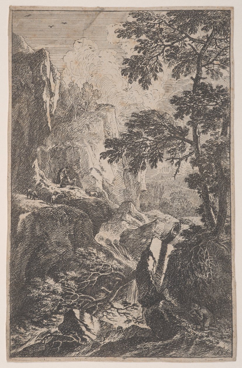Placa 2: um caçador mirando com sua arma, ajoelhado ao lado de uma grande pedra à direita, um ma..., ca. 1700-25. de Franz Joachim Beich