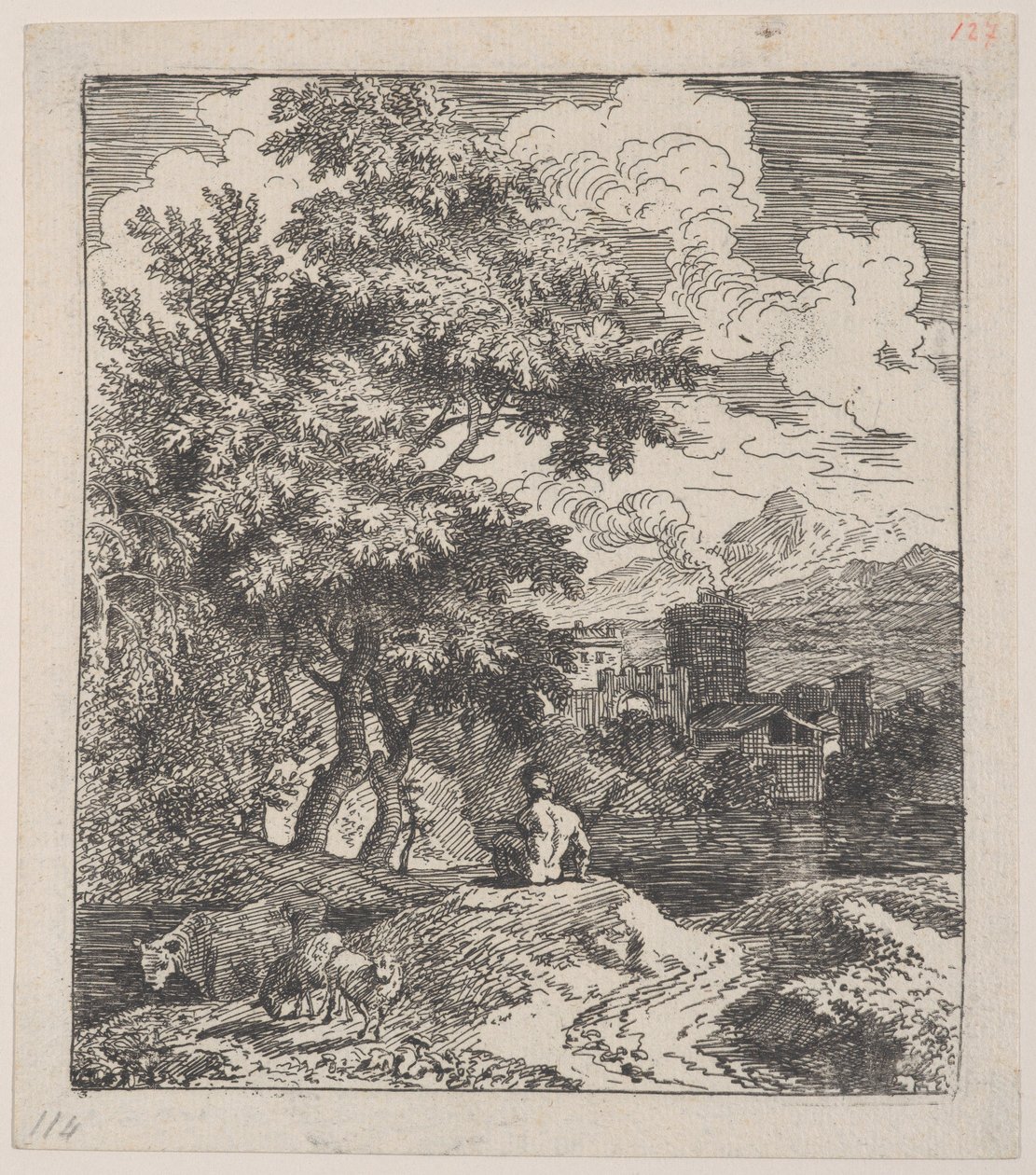 Ilustração 3: um pastor sentado numa colina, uma vaca e duas ovelhas à esquerda, e uma cidade no ri..., ca. 1700-25. de Franz Joachim Beich
