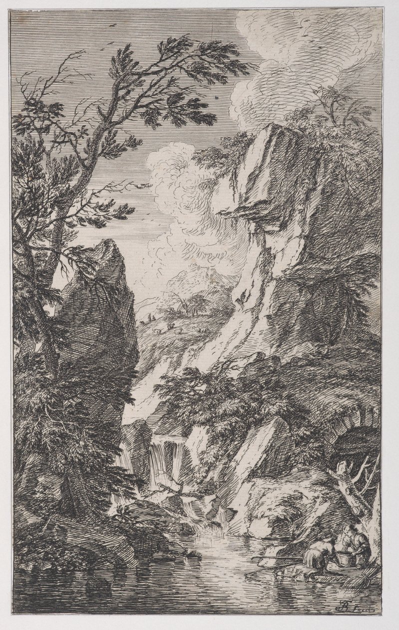 Ilustração 4: dois pescadores na margem de um córrego à direita, uma cachoeira ao centro, a partir..., ca. 1700-25. de Franz Joachim Beich