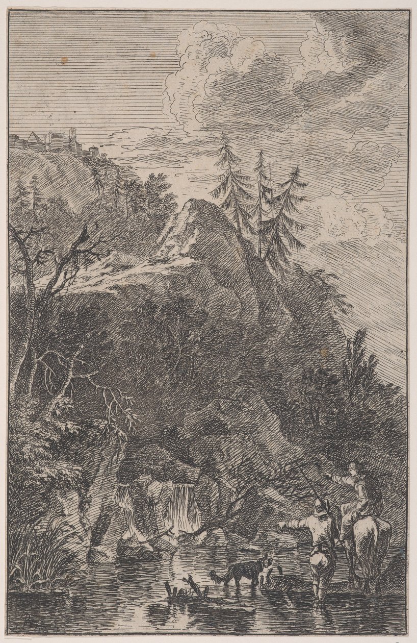 Ilustração 5: figura feminina a cavalo e uma figura masculina com um cão parado numa rua..., c. 1700-25. de Franz Joachim Beich