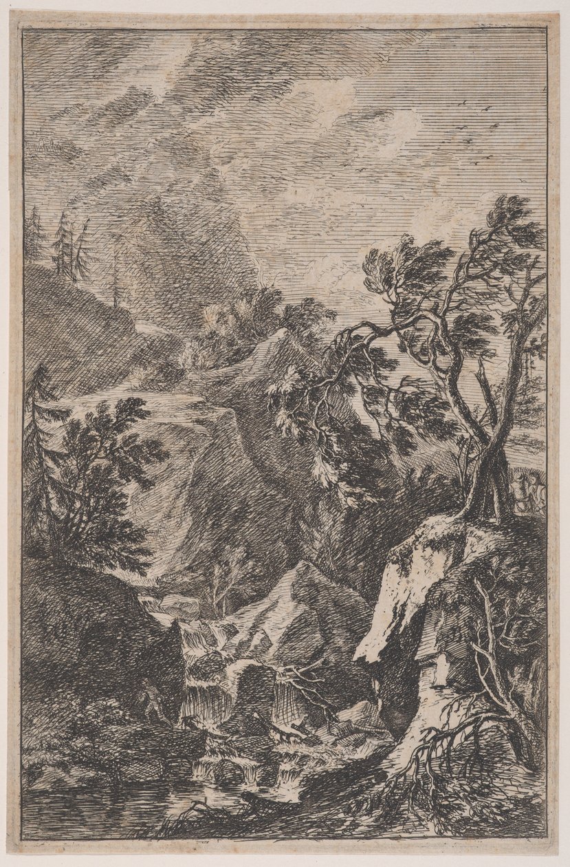Ilustração 6: duas figuras masculinas em pé sobre uma rocha à direita, uma cachoeira no centro com um..., ca. 1700-25. de Franz Joachim Beich