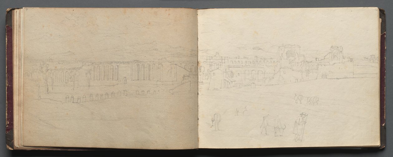 Álbum com Vistas de Roma e Arredores, Estudos Paisagísticos, pág. 08b e 09 a: Vista panorâmica…. de Franz Johann Heinrich Nadorp