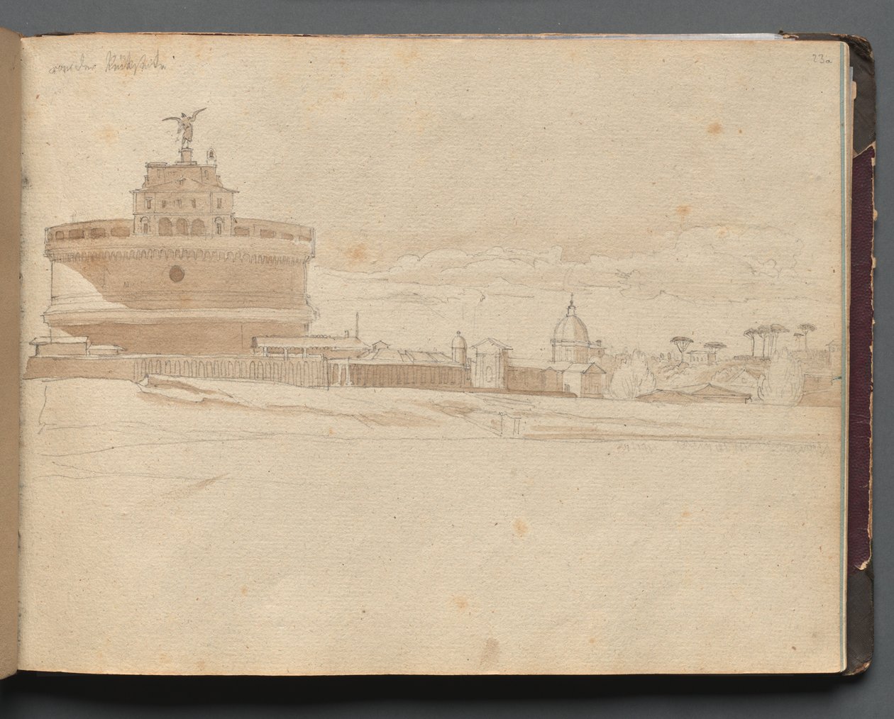 Álbum com Vistas de Roma e Arredores, Estudos Paisagísticos, página 23a: Castelo de Santo Ângelo, Roma. de Franz Johann Heinrich Nadorp