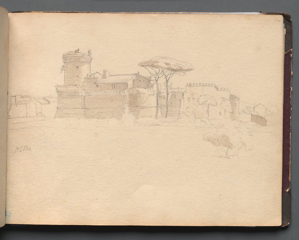 Álbum com vistas de Roma e arredores, Estudos de paisagem, página 28a: "Ostia" de Franz Johann Heinrich Nadorp