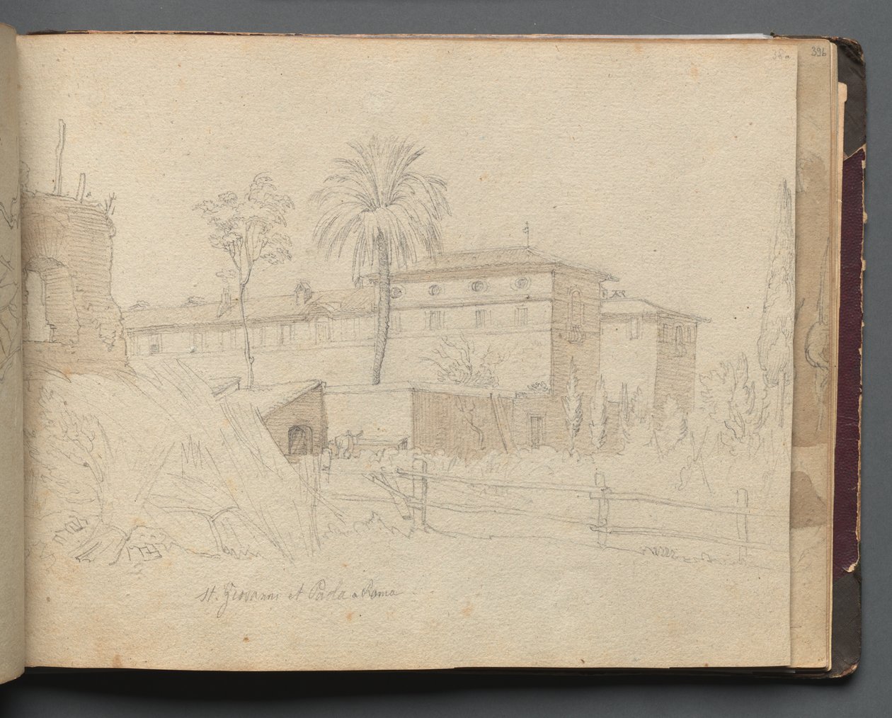 Álbum com vistas de Roma e arredores, estudos de paisagem, página 38a: :St. Giovanni e Paolo, Roma" de Franz Johann Heinrich Nadorp