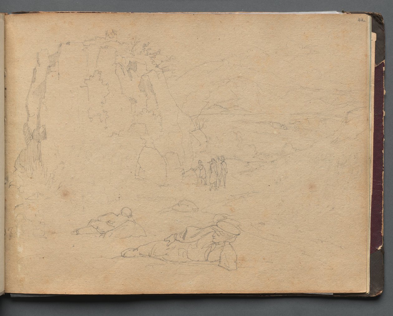 Álbum com vistas de Roma e arredores, Estudos de paisagem, página 44a: Figuras em uma paisagem. de Franz Johann Heinrich Nadorp