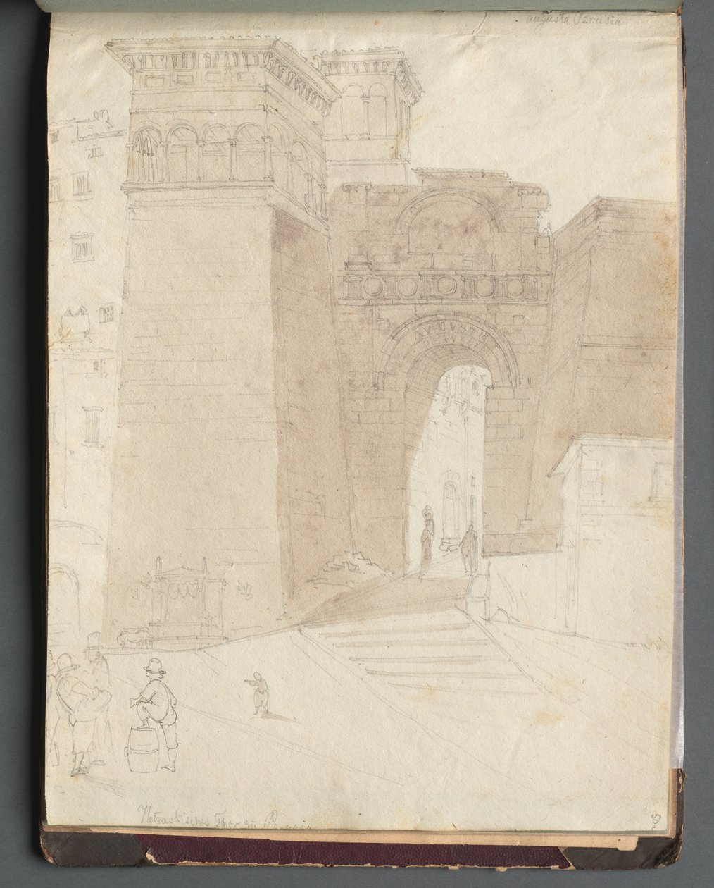 Álbum com Vistas de Roma e Arredores, Estudos Paisagísticos, página 50a: Vista da Arquitetura Romana. de Franz Johann Heinrich Nadorp