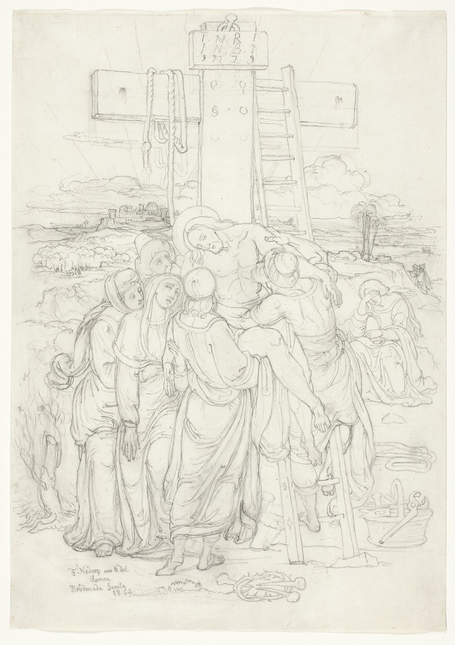 Descida da cruz com uma silhueta de Jerusalém ao fundo de Franz Johann Heinrich Nadorp