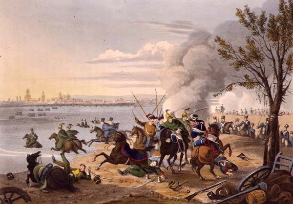 O voo de Napoleão através do Reno perto da cidade de Mentz perseguido pelos Aliados de Franz Joseph (after) Manskirch