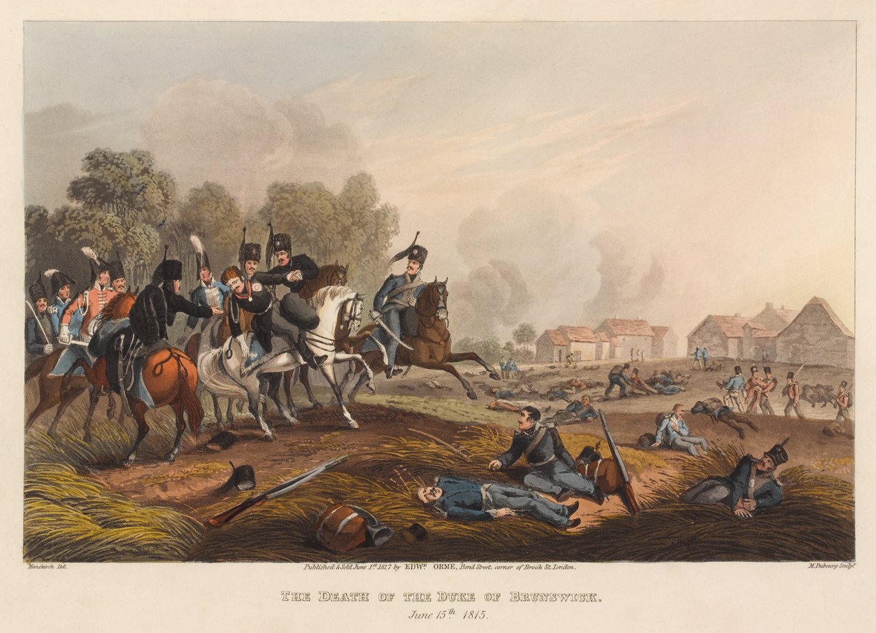 A Morte do Duque de Brunswick, 15 de junho [sic] 1815. (imprimir) de Franz Joseph (after) Manskirch