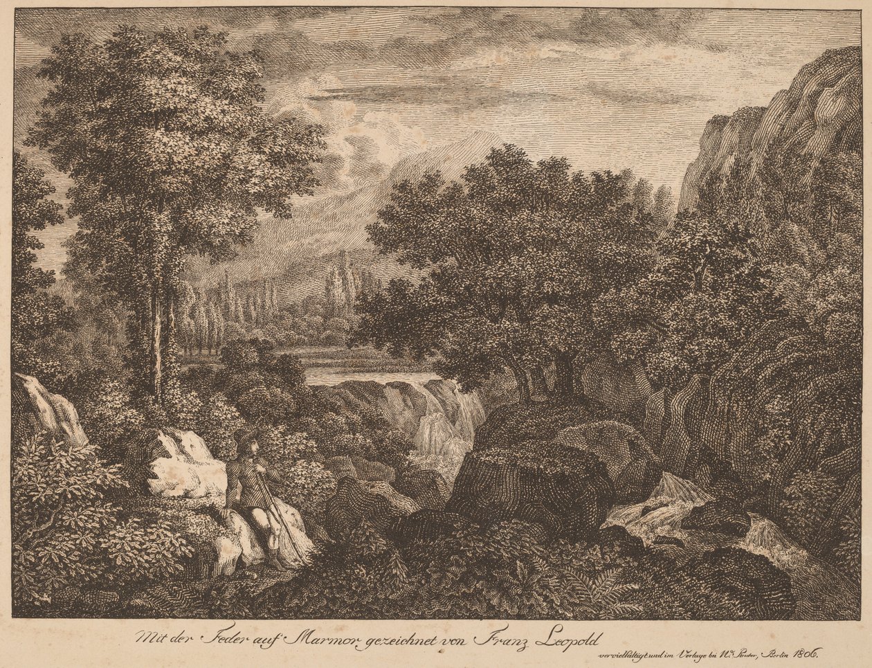 Descansando viajantes em uma paisagem montanhosa de Franz Joseph Leopold