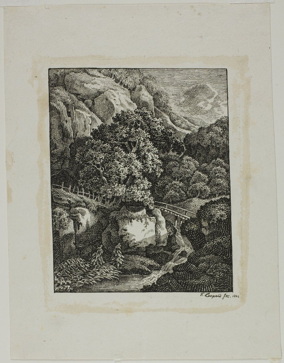Paisagem de montanha arborizada com uma pequena cachoeira e caminho de Franz Joseph Leopold