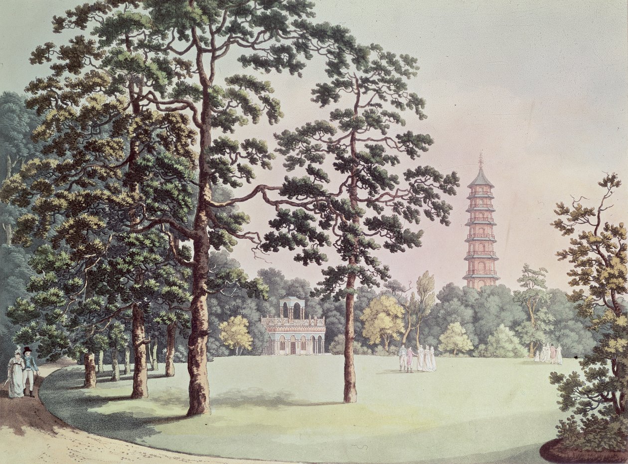 Uma vista em Kew Gardens of the Alhambra e Pagoda, gravada por Heinrich Joseph Schutz (1760-1822), c.1798 (aquatint) de Franz Joseph Manskirch