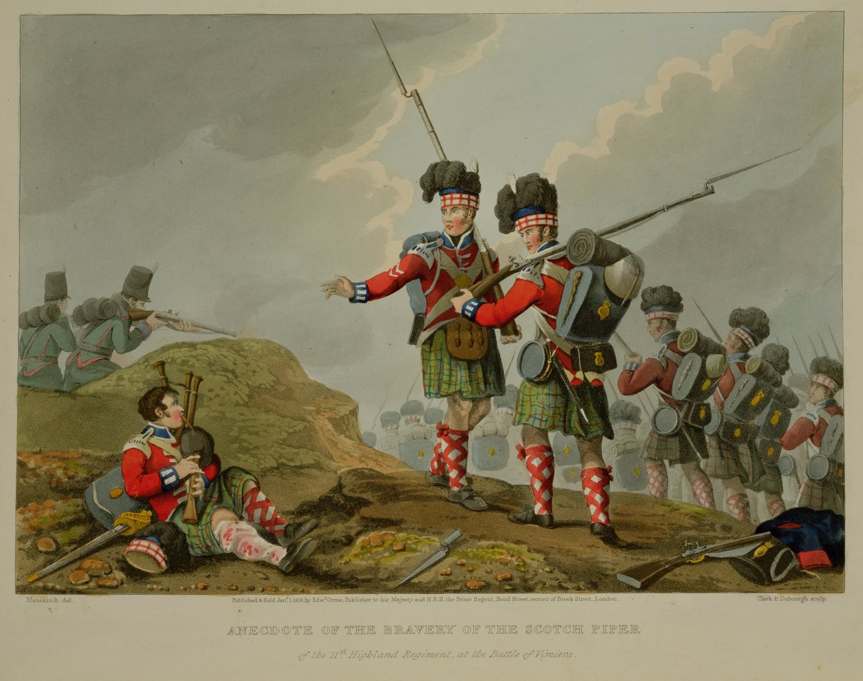 Anedota da bravura do gaiteiro escocês do 11º Regimento das Terras Altas na Batalha de Vimiero, gravada por John Heaviside Clark (c.1771-1863) e Matthew Dubourg (fl.1813-20) de &39;Historic, Mili de Franz Joseph Manskirch