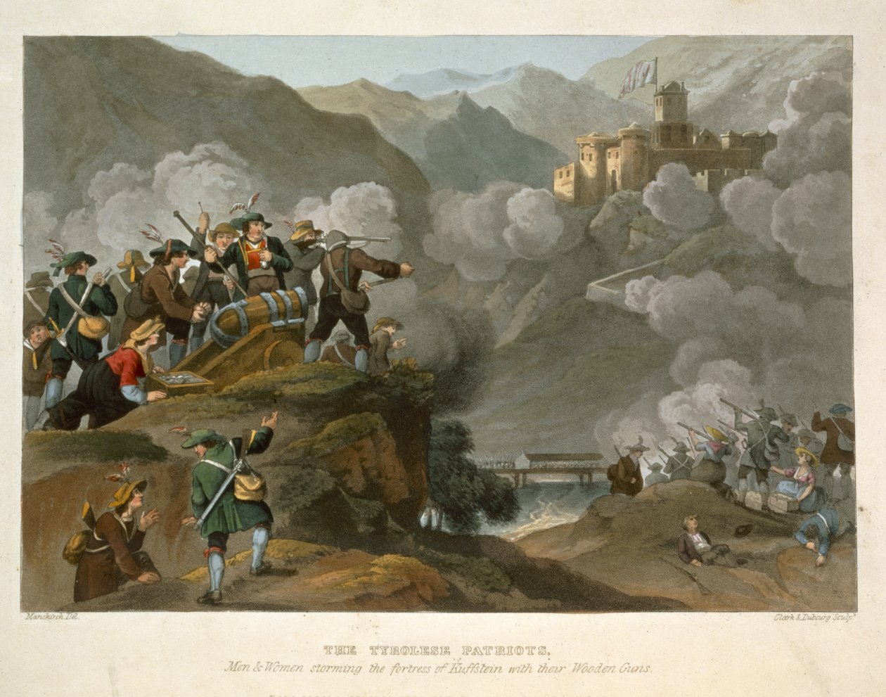 Os Patriotas tiroleses invadindo a fortaleza de Kuffstein com suas armas de madeira, gravadas por John Heaviside Clark (c.1771-1863) e Matthew Dubourg (fl.1813-20) da Anecd Histórico, Militar e Naval de Franz Joseph Manskirch