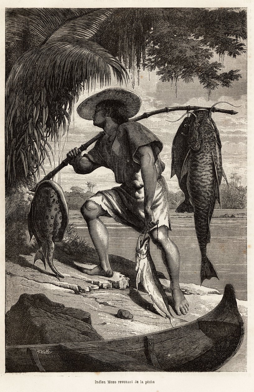 Moxo indígena (Mojo, Moxeno) (da região do Mato Grosso) voltando da pesca, gravado após um desenho do narrador, ilustrando uma viagem de exploração na Amazônia e na Madeira, de 1874, de Franz Keller Leuzinger, publicado em "Le tour du de Franz Keller