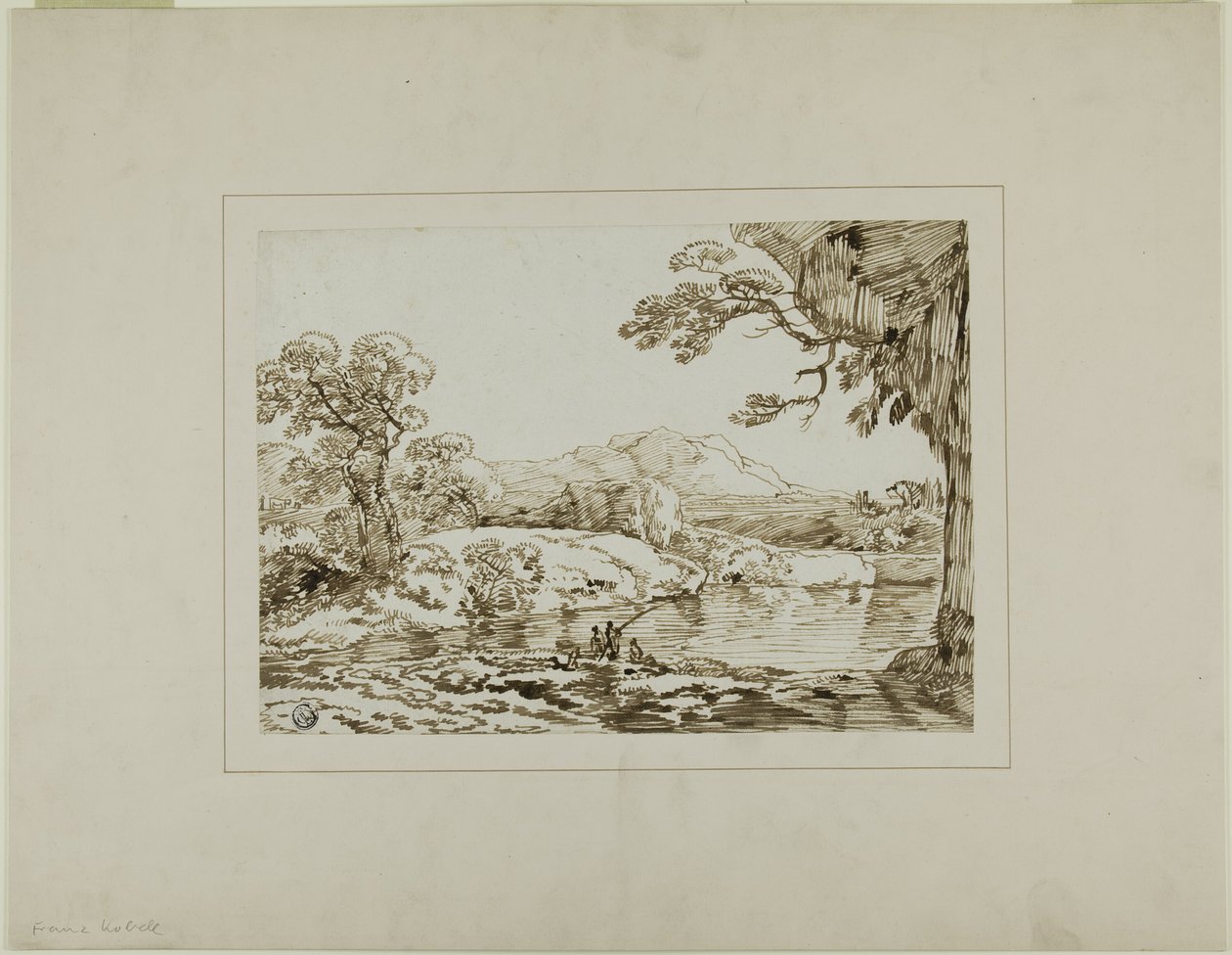 Paisagem com rio, colinas distantes e figuras de pesca em primeiro plano de Franz Kobell