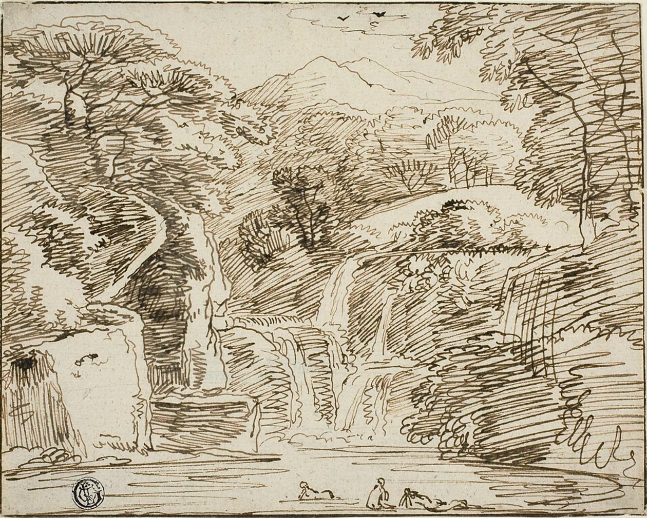 Ninfas a banharem-se junto a quedas de água numa paisagem de montanha de Franz Kobell