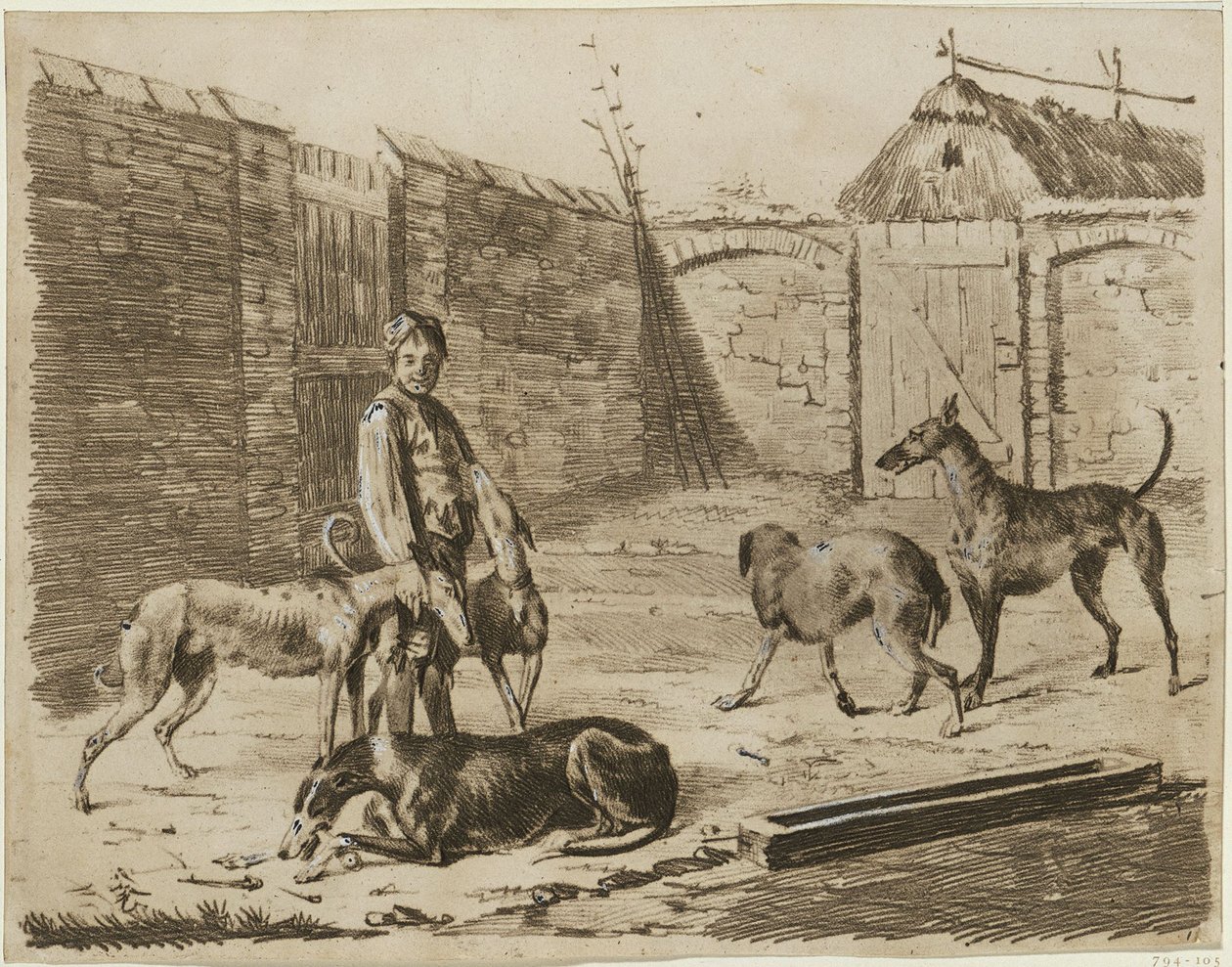 Pátio, com um rapaz e cães de Franz Krüger
