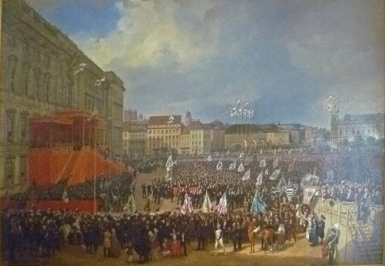 Homenagem a Friedrich Wilhelm IV em frente ao Palácio da Cidade de Berlim de Franz Krüger