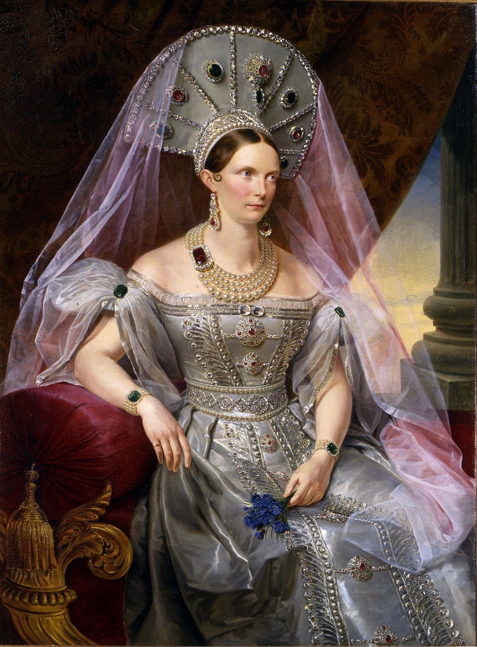 Retrato da imperatriz Alexandra Fyodorovna Charlotte da Prússia, em kokoshnik, ca 1836 de Franz Krüger