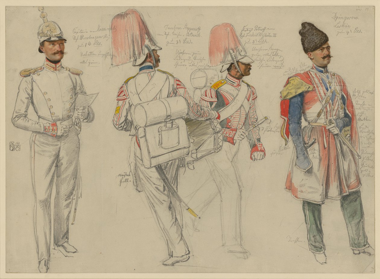 de Kossacowski, capitão do Regimento Preobraschenski; Steppanoff, tambor do Regimento do Imperador da Áustria; Petroff, flautista do Regimento Frederico Guilherme III; Dgingosow, de Leski de Franz Krüger