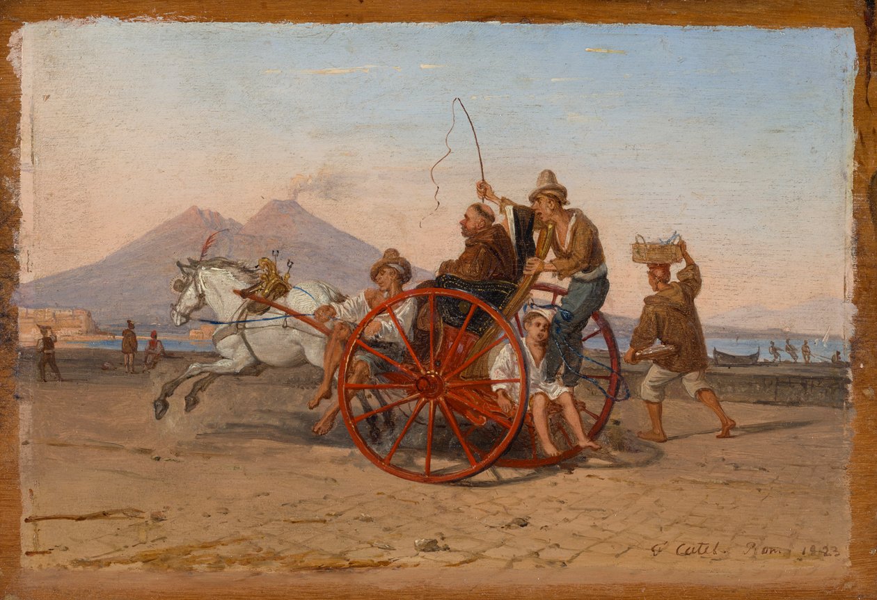 "Um frade capuchinho e uma freira são conduzidos em uma carrette napolitana no porto de Nápoles" de Franz Ludwig Catel