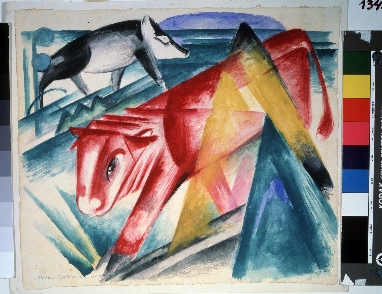 "Animais Vaca e javali". Aguarela de Franz Marc (1880-1916) (expressionismo) 1913. Tamanho 39x45 cm Museu Pushkin, Moscovo de Franz Marc