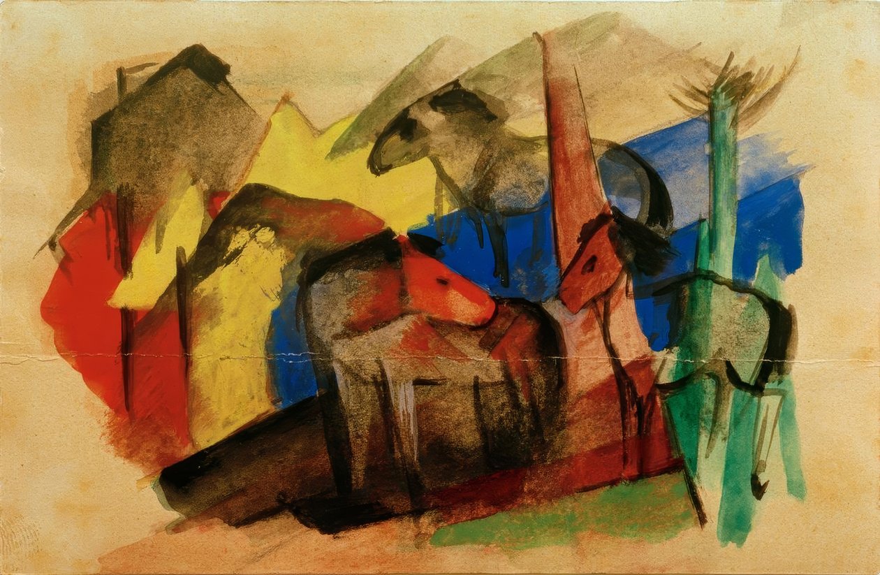 Três cavalos na paisagem com casas de Franz Marc