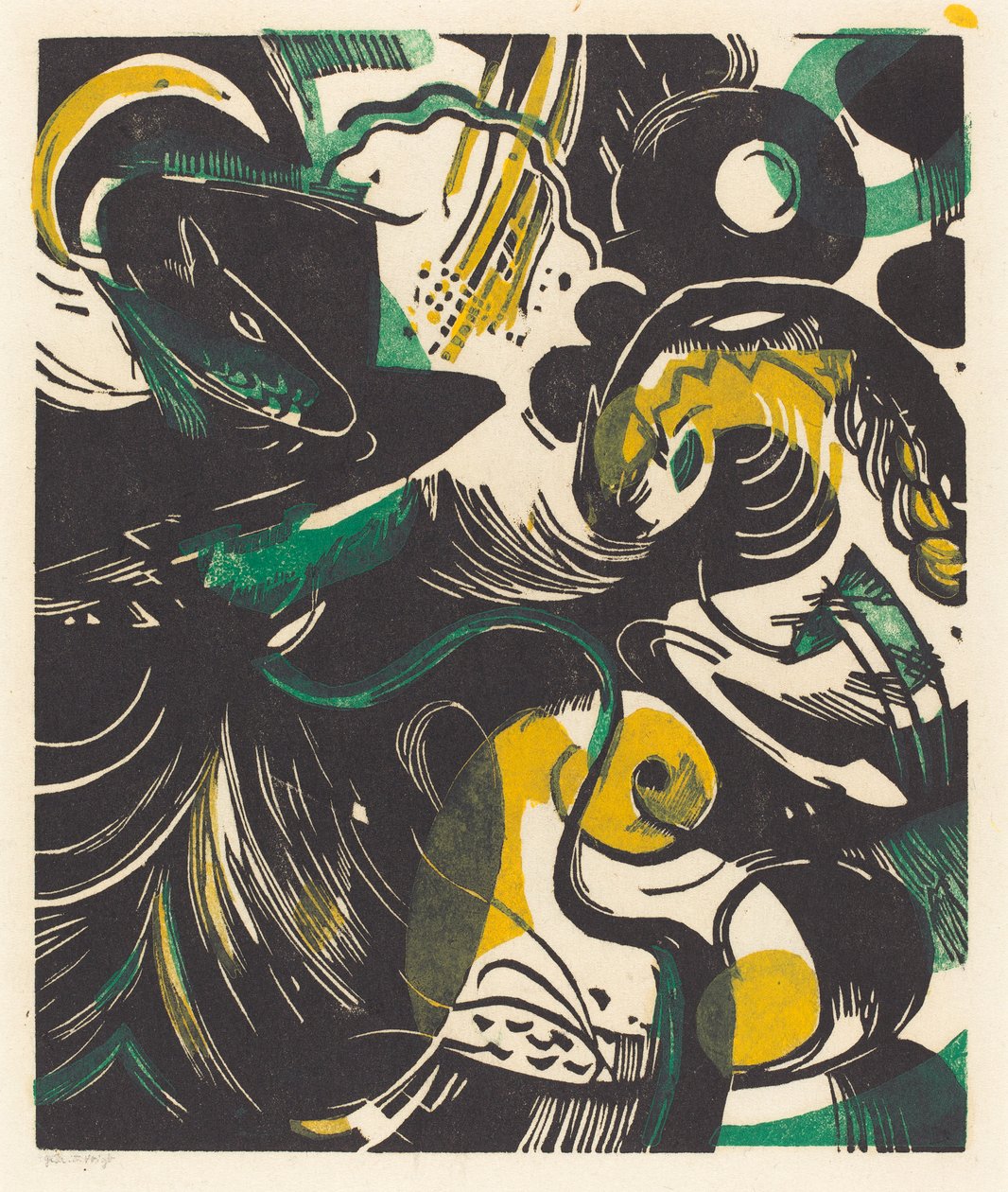 Gênesis II (Schopfungsgeschichte II), 1914 (xilogravura em amarelo, preto e verde) de Franz Marc
