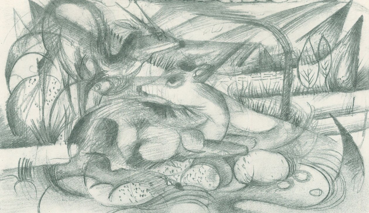 Veado e corça numa paisagem primitiva de Franz Marc