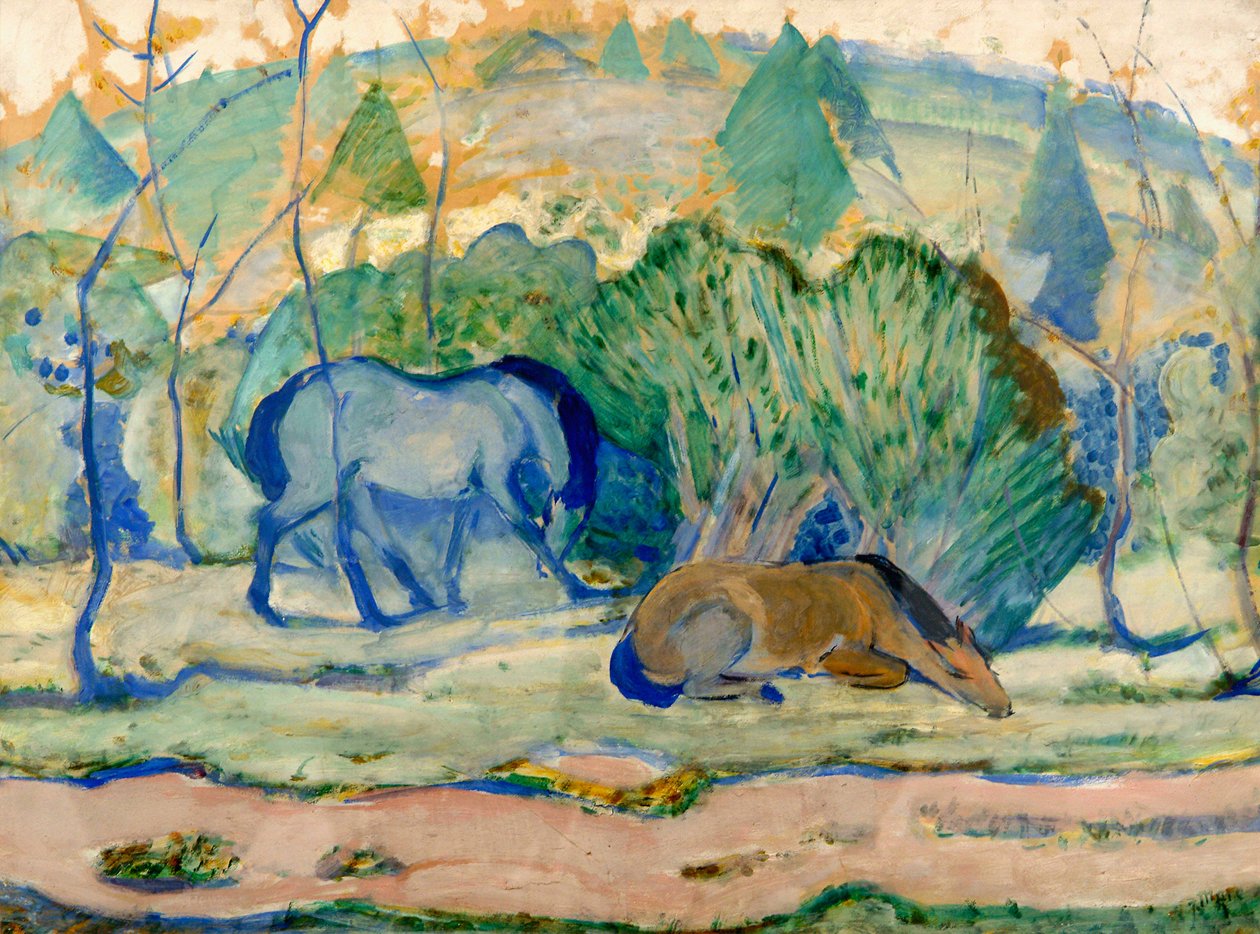 Cavalos no pasto Cavalos em uma paisagem de Franz Marc