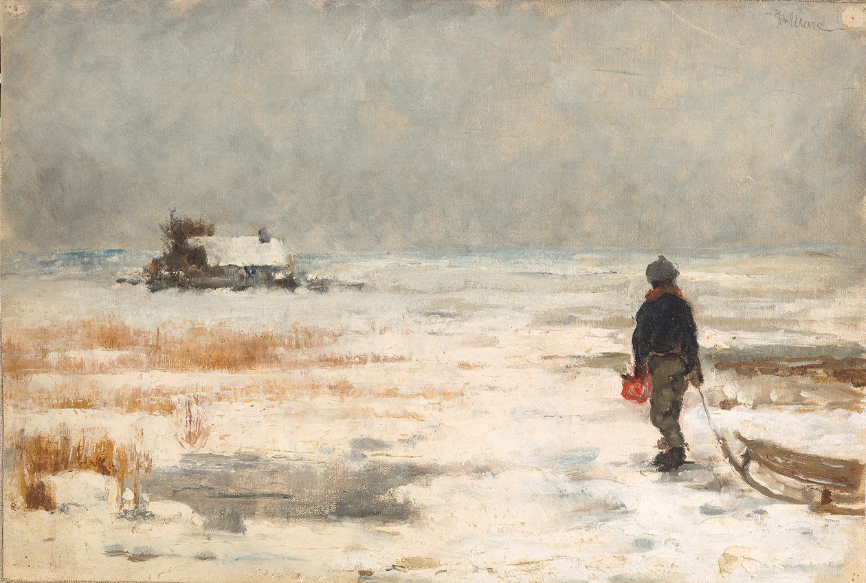 Menino com trenó numa paisagem de inverno de Franz Marc