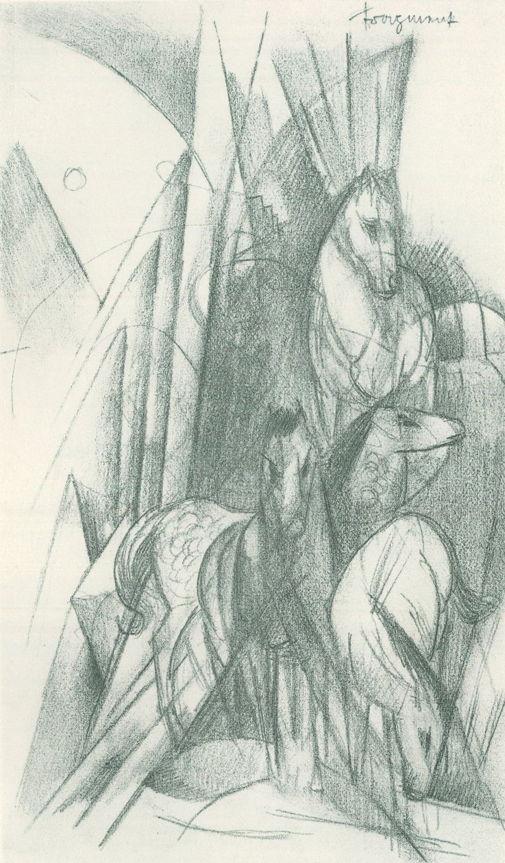 Composição de cavalos e formas abstractas de Franz Marc