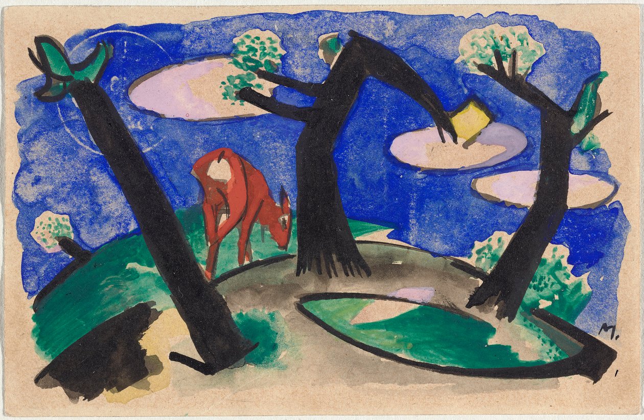 Paisagem com Animal Vermelho, cartão postal de Sindelsdorf a Alfred Kubin em Wernstein/Zwickledt de Franz Marc
