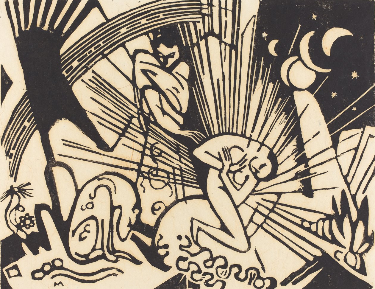 Reconciliação (Versoehnung), 1912 (xilogravura em preto sobre papel japão) de Franz Marc