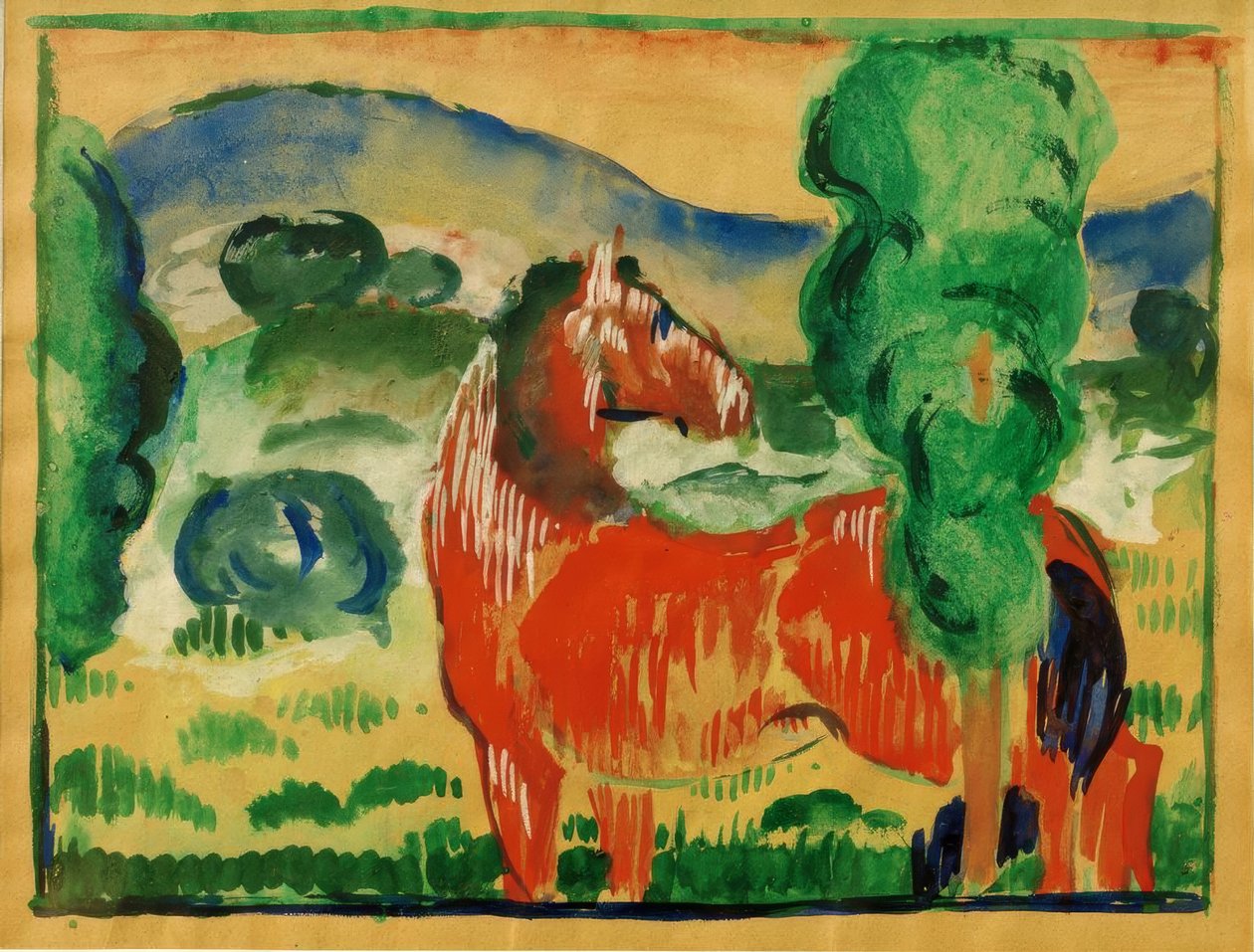 Cavalo vermelho na paisagem colorida de Franz Marc