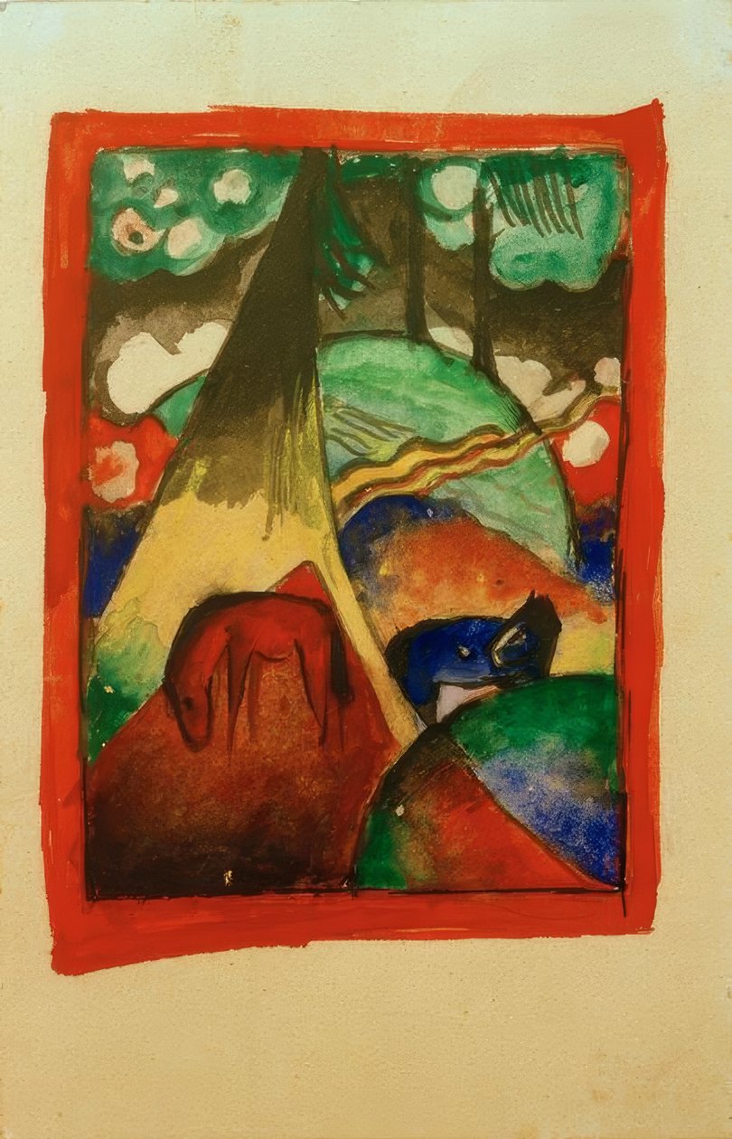 Cavalo vermelho e azul na paisagem de Franz Marc