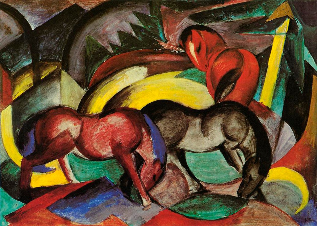 Três Cavalos, 1912 (mídia mista no papel) de Franz Marc