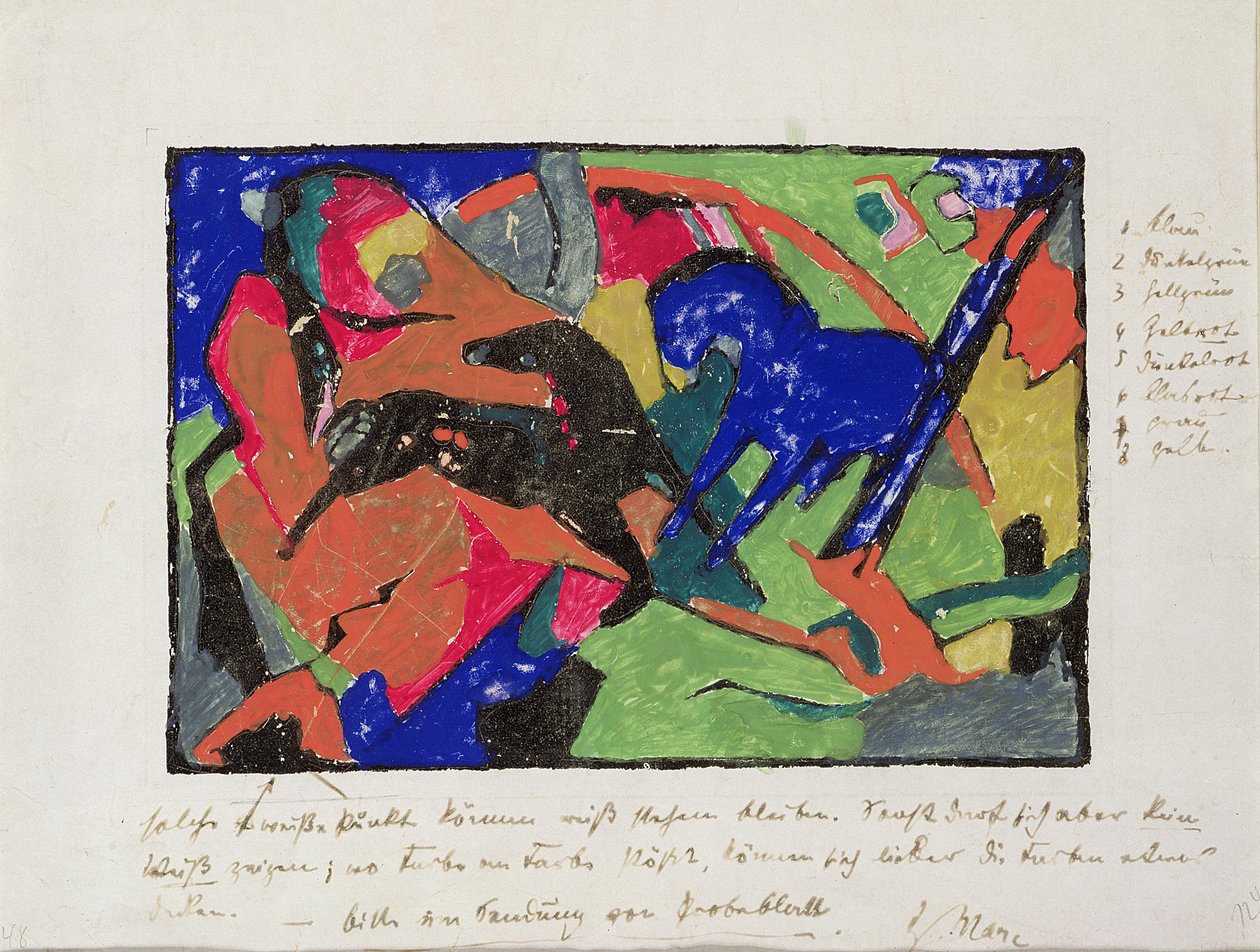 Dois cavalos, 1911-12 (impressão colorida à mão) de Franz Marc