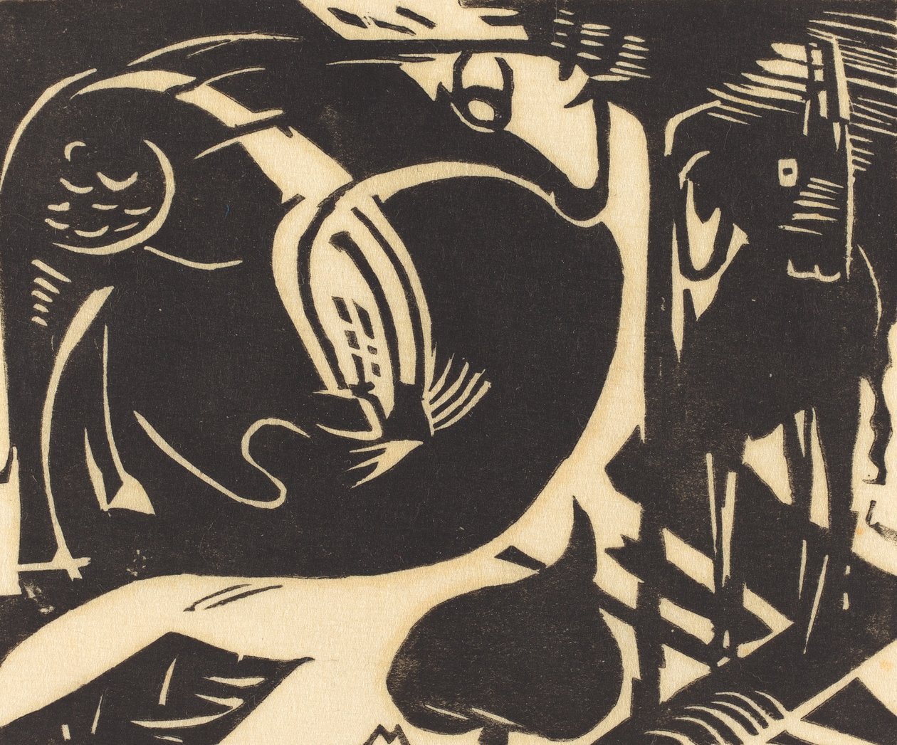 Dois animais míticos (Zwei Fabeltiere), 1914 (xilogravura em preto sobre papel japão) de Franz Marc