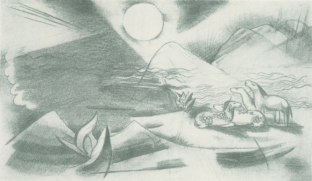 Paisagem intocada com sol, montanhas e um grupo de cavalos de Franz Marc