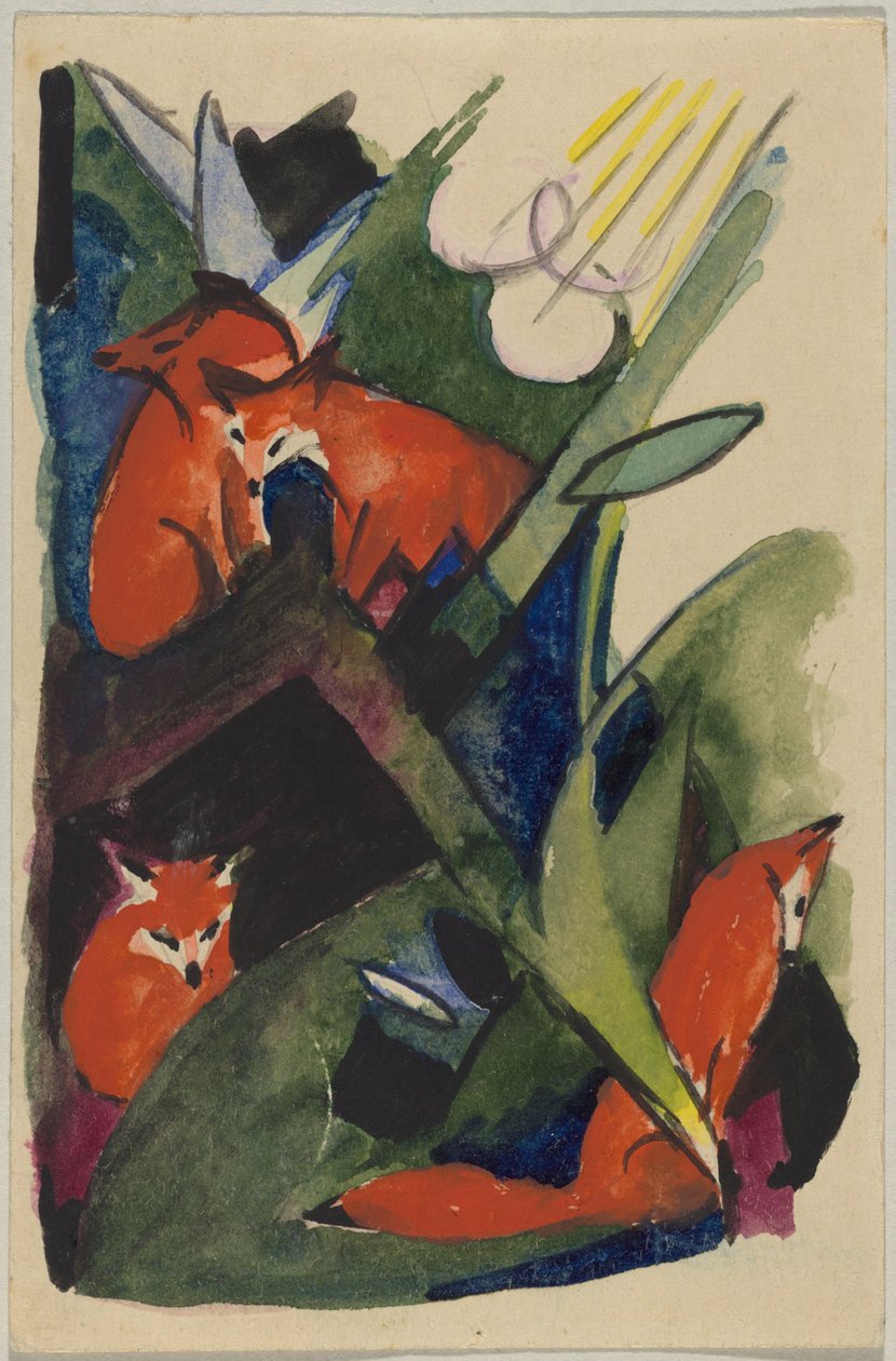 "Quatro raposas", Franz Marc de Sindelsdorf a Wassily Kandinsky em Munique: cartão postal, carimbo postal 4 de fevereiro de 1913 de Franz Marc