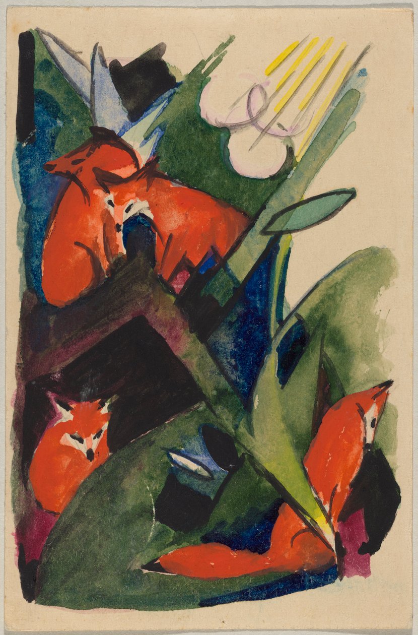 «Quatro raposas», Franz Marc de Sindelsdorf para Wassily Kandinsky em Munique: postal, carimbo postal 04.02.1913 de Franz Marc