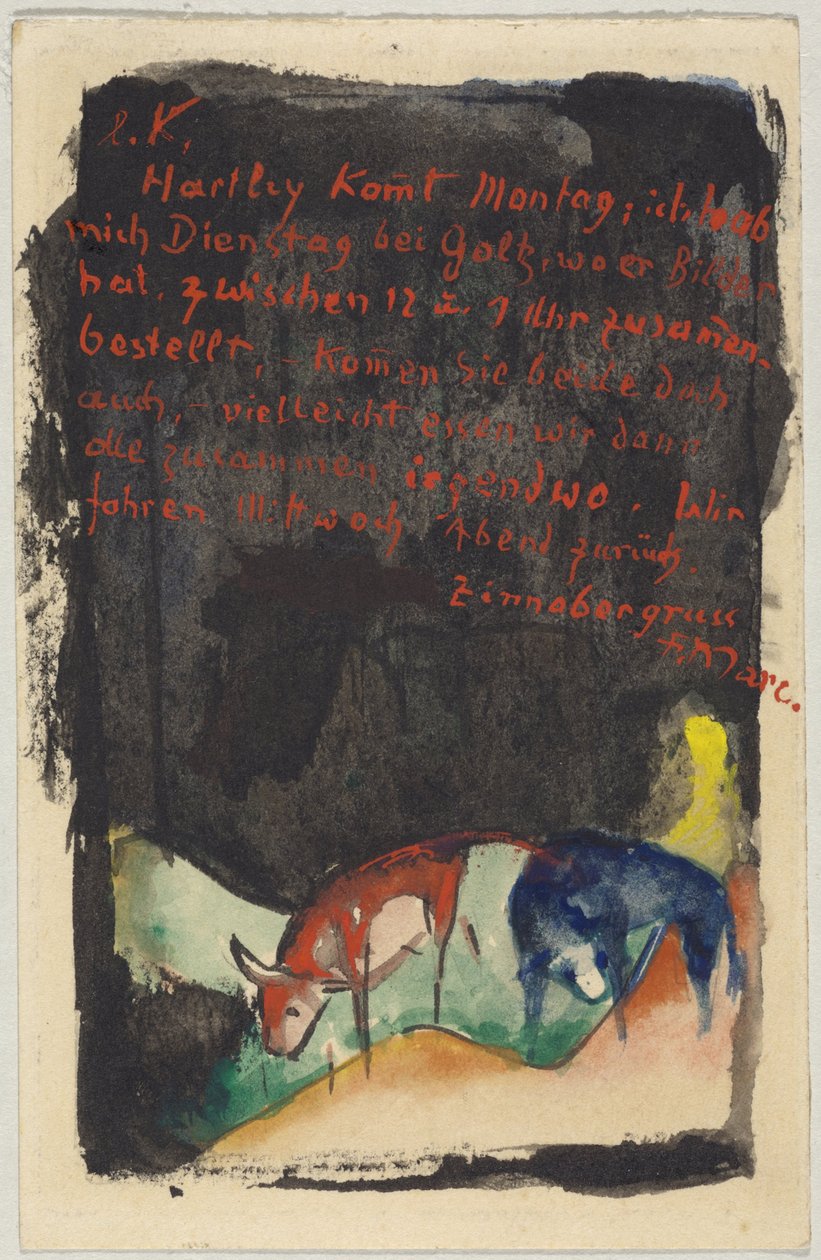 "Vermilion Greeting", Franz Marc de Sindelsdorf a Wassily Kandinsky em Munique: cartão postal, carimbo postal 19.04.1913 de Franz Marc