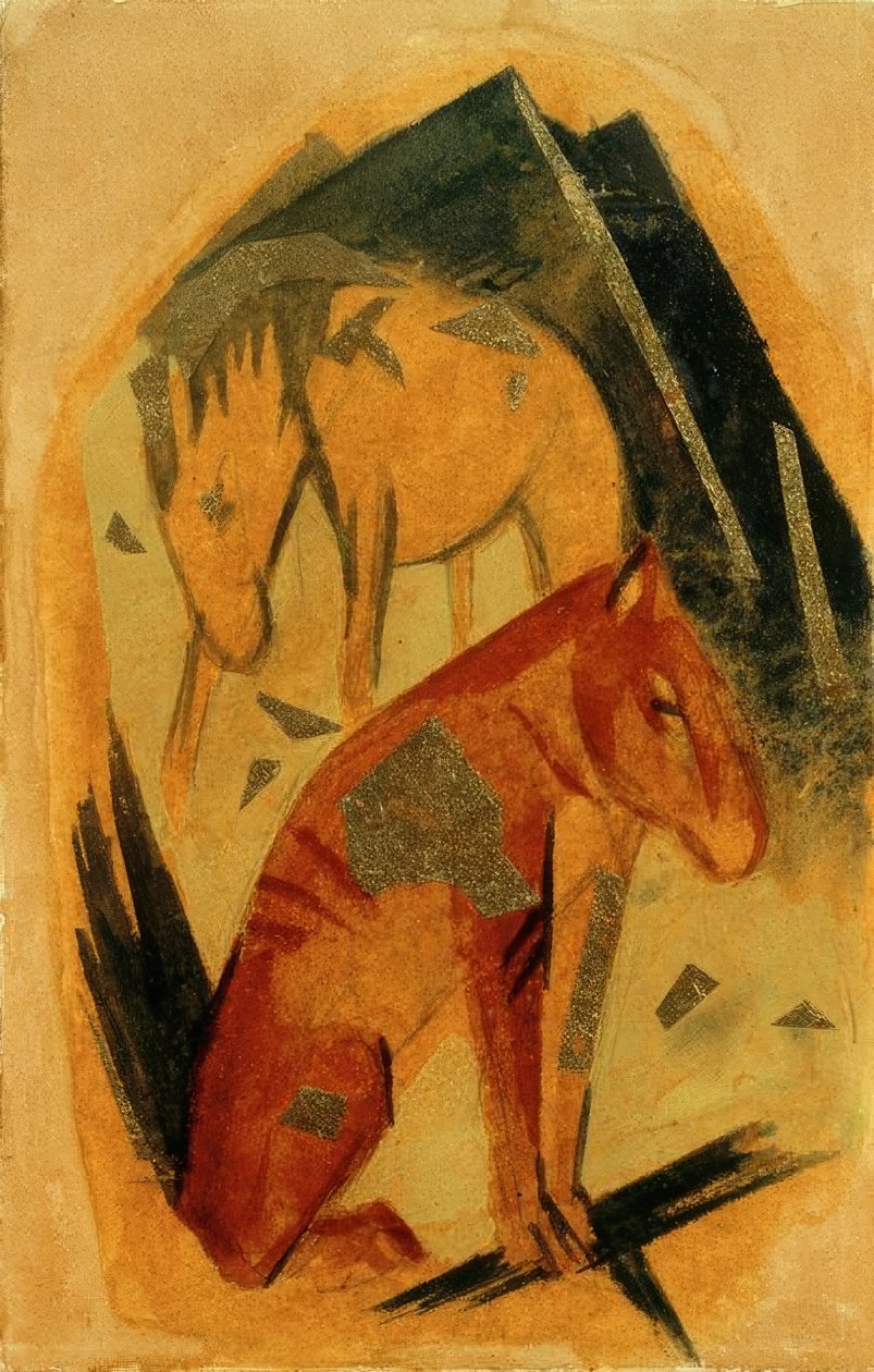 Dois cavalos na frente de uma montanha azul de Franz Marc